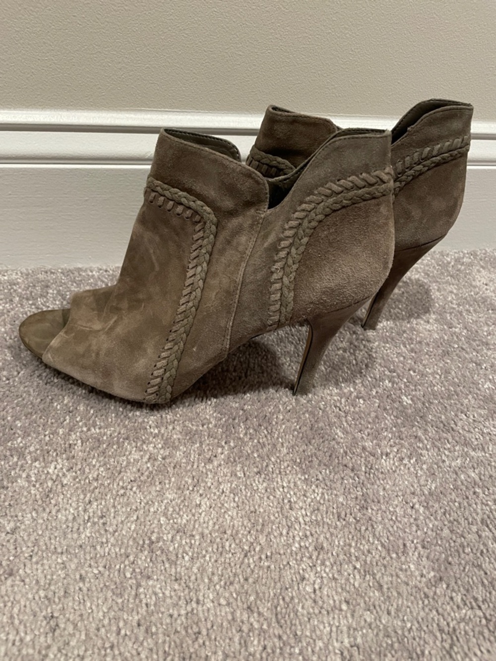 Women's Grey Suede Braided Peep-Toe Ankle Booties